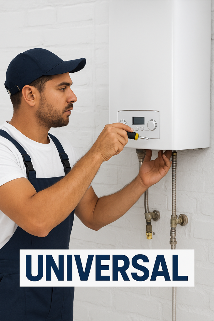 فني صيانة أفران يونيفرسال يرتدي زي عمل أزرق يحمل شعار UNIVERSAL أثناء إصلاح فرن يونيفرسال داخل مطبخ حديث باستخدام مفك صيانة