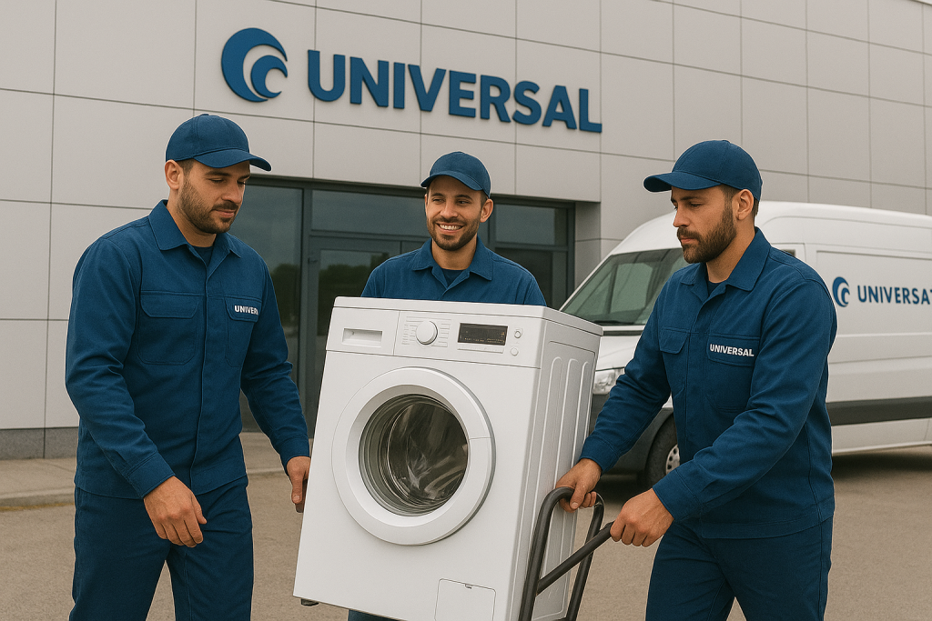 فنيون من شركة يونيفرسال يقومون بنقل غسالة أطباق أمام مقر الشركة باستخدام عربة نقل، وبجوارهم سيارة الخدمة تحمل شعار Universal، في مشهد واقعي يعكس احترافية فريق صيانة يونيفرسال.