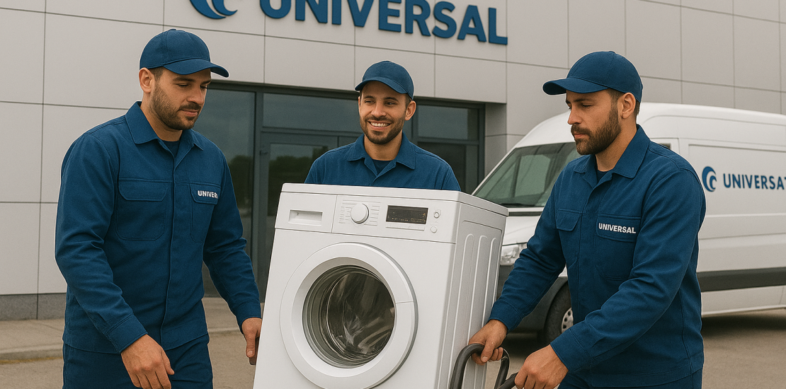 فنيون من شركة يونيفرسال يقومون بنقل غسالة أطباق أمام مقر الشركة باستخدام عربة نقل، وبجوارهم سيارة الخدمة تحمل شعار Universal، في مشهد واقعي يعكس احترافية فريق صيانة يونيفرسال.